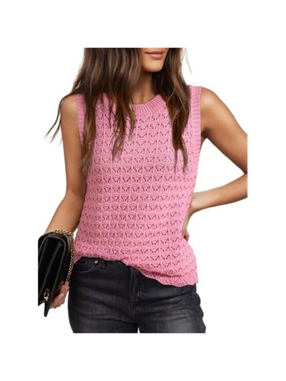 Pink Crochet Sleeveless Sweater Tank Top Summer Blouse